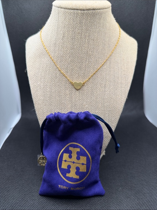 Tory Burch Jewelry - Tory Burch Gold Heart Charm choker Necklace with Branded Pouch 15”-16.5”